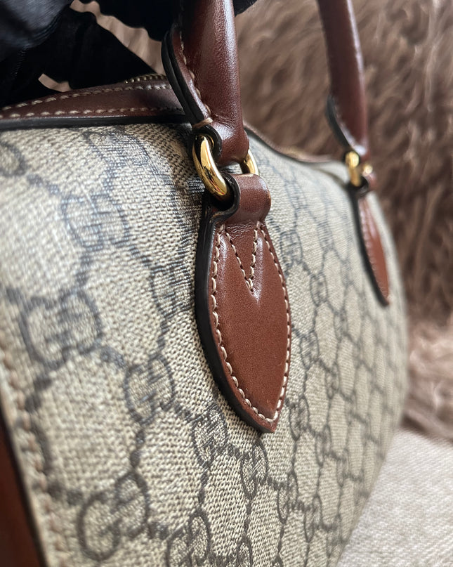 Peloved Authentic Gucci GG Supreme Duffle/Boston Mini – Tan Leather Trim with Strap
