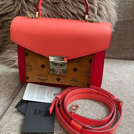 Preloved Authentic MCM Patricia Top Handle Bag – Fiesta Red with Cognac Visetos Panel