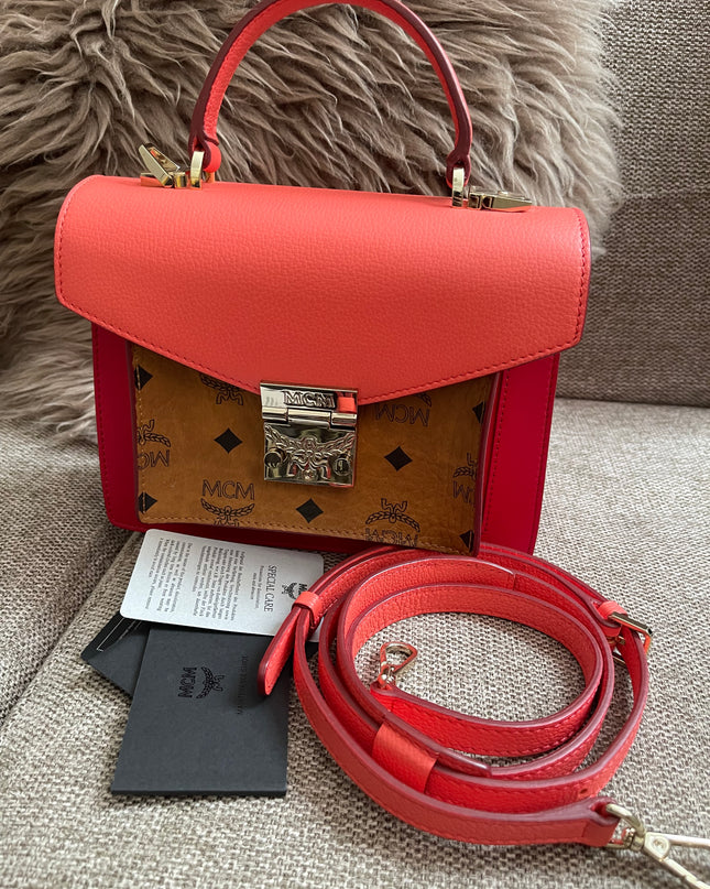 Preloved Authentic MCM Patricia Top Handle Bag – Fiesta Red with Cognac Visetos Panel