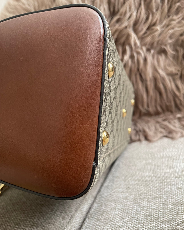Peloved Authentic Gucci GG Supreme Duffle/Boston Mini – Tan Leather Trim with Strap