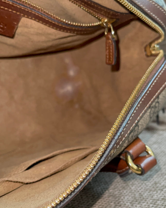 Peloved Authentic Gucci GG Supreme Duffle/Boston Mini – Tan Leather Trim with Strap