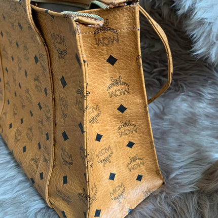 MCM Cognac Visetos Coated Canvas Medium Heritage Top Zip Shopper Tote