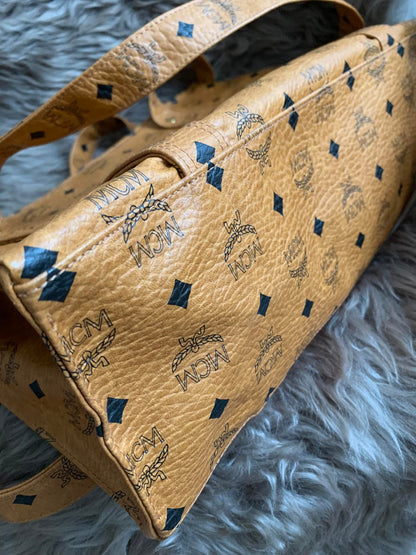 MCM Cognac Visetos Coated Canvas Medium Heritage Top Zip Shopper Tote