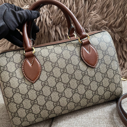Peloved Authentic Gucci GG Supreme Duffle/Boston Mini – Tan Leather Trim with Strap