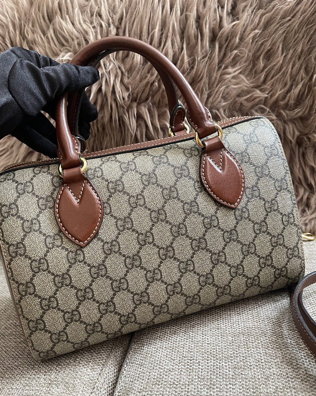 Peloved Authentic Gucci GG Supreme Duffle/Boston Mini – Tan Leather Trim with Strap