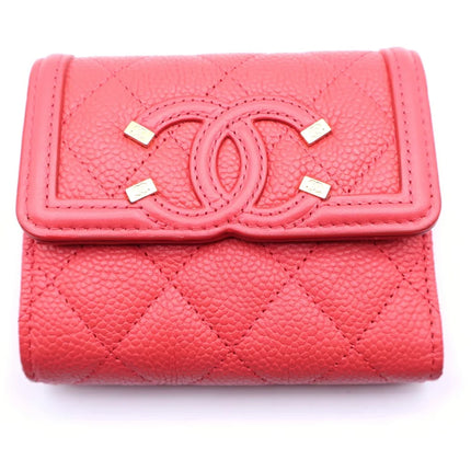Preloved Authentic CHANEL CC Filigree Tri-fold Wallet Compact Wallet Coin Case Red Caviar Skin