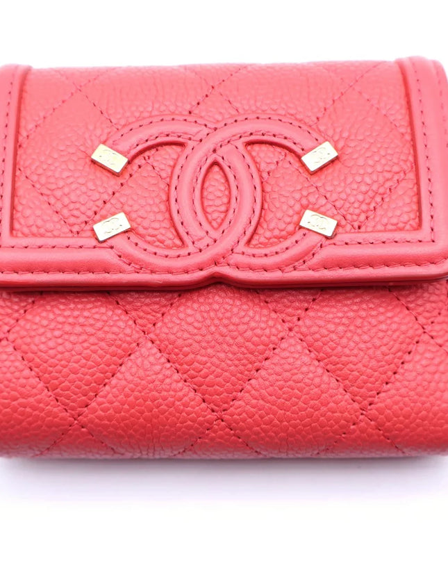 Preloved Authentic CHANEL CC Filigree Tri-fold Wallet Compact Wallet Coin Case Red Caviar Skin