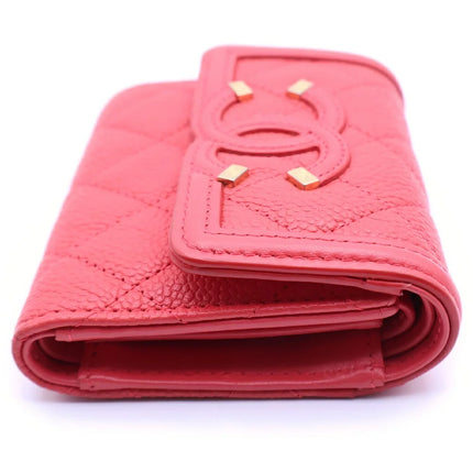 Preloved Authentic CHANEL CC Filigree Tri-fold Wallet Compact Wallet Coin Case Red Caviar Skin