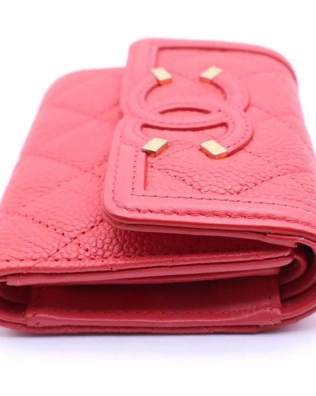 Preloved Authentic CHANEL CC Filigree Tri-fold Wallet Compact Wallet Coin Case Red Caviar Skin