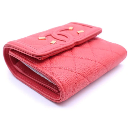 Preloved Authentic CHANEL CC Filigree Tri-fold Wallet Compact Wallet Coin Case Red Caviar Skin