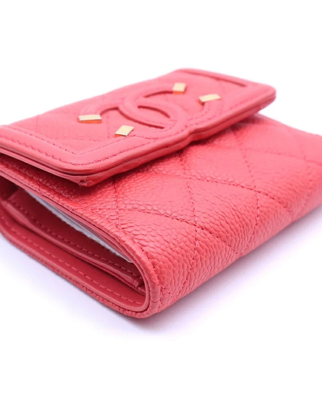 Preloved Authentic CHANEL CC Filigree Tri-fold Wallet Compact Wallet Coin Case Red Caviar Skin