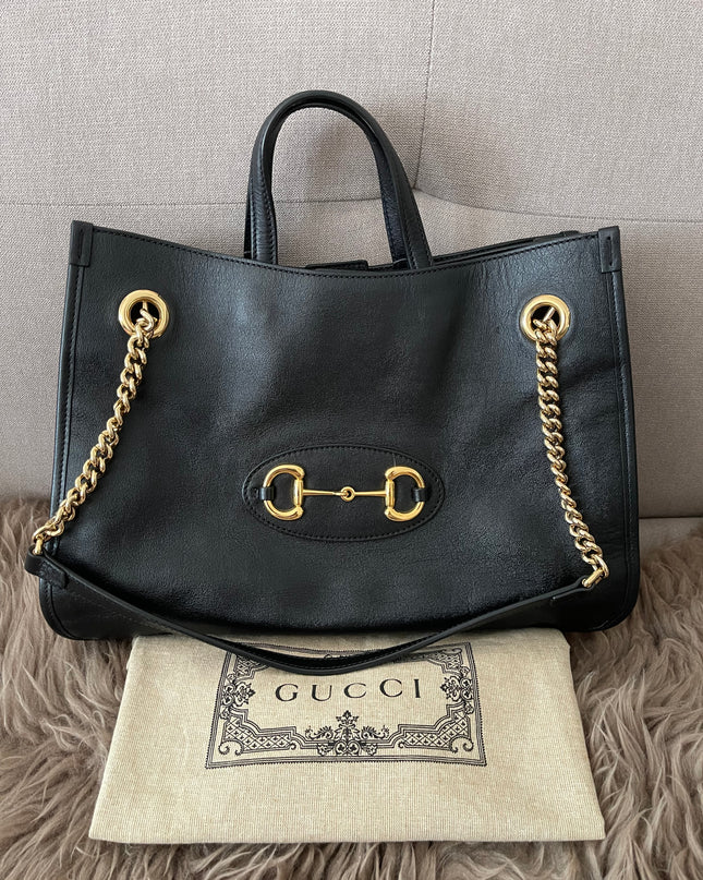 Preloved Authentic Rank A Gucci Horsebit 1955 tote bag in black leather