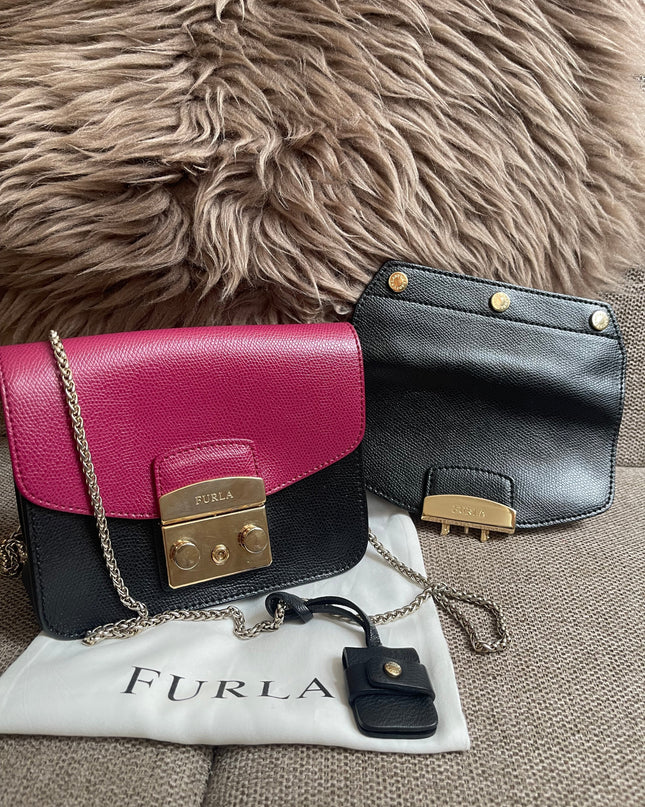 Preloved Authentic Furla Metropolis Mini Crossbody Bag Bicolor Black Fuchsia