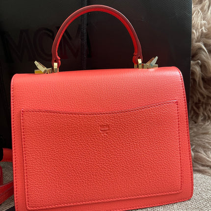 Preloved Authentic MCM Patricia Top Handle Bag – Fiesta Red with Cognac Visetos Panel