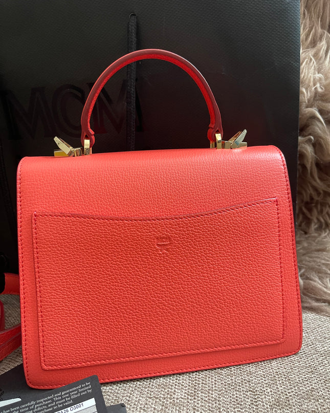 Preloved Authentic MCM Patricia Top Handle Bag – Fiesta Red with Cognac Visetos Panel