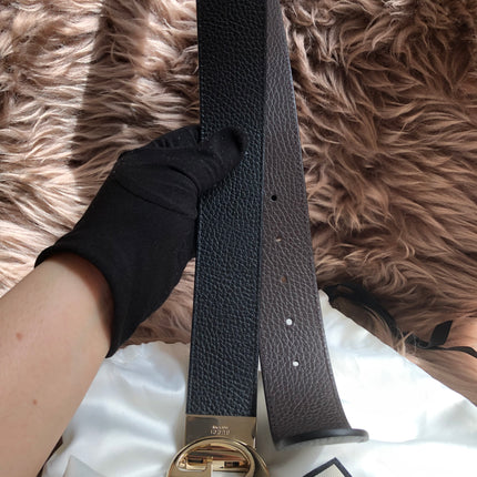 Preloved Gucci Black/Brown Leather Reversible GG Dollar Belt 90CM