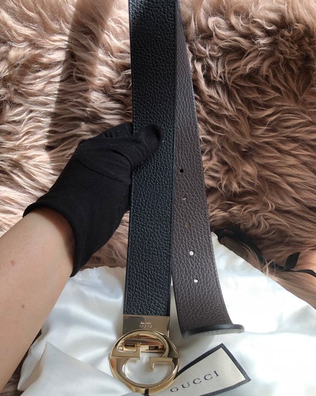 Preloved Gucci Black/Brown Leather Reversible GG Dollar Belt 90CM