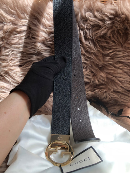 Preloved Gucci Black/Brown Leather Reversible GG Dollar Belt 90CM