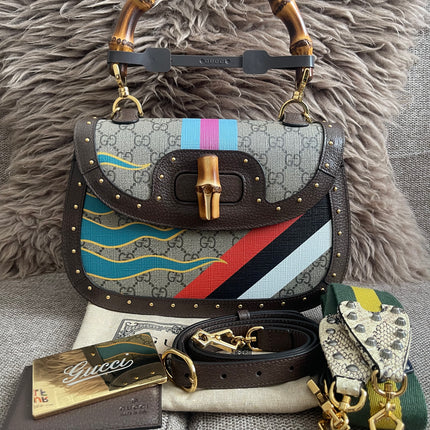 Preloved Authentic Gucci GG Supreme Canvas Leather and Python Medium Bamboo 1947 Top Handle Bag