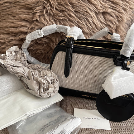 Preloved Authentic Charles & Keith Structured Boston Bag in Black White Mesh