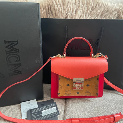 Preloved Authentic MCM Patricia Top Handle Bag – Fiesta Red with Cognac Visetos Panel