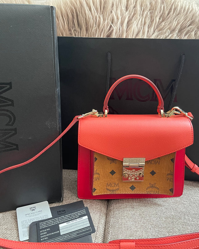 Preloved Authentic MCM Patricia Top Handle Bag – Fiesta Red with Cognac Visetos Panel