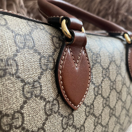 Peloved Authentic Gucci GG Supreme Duffle/Boston Mini – Tan Leather Trim with Strap