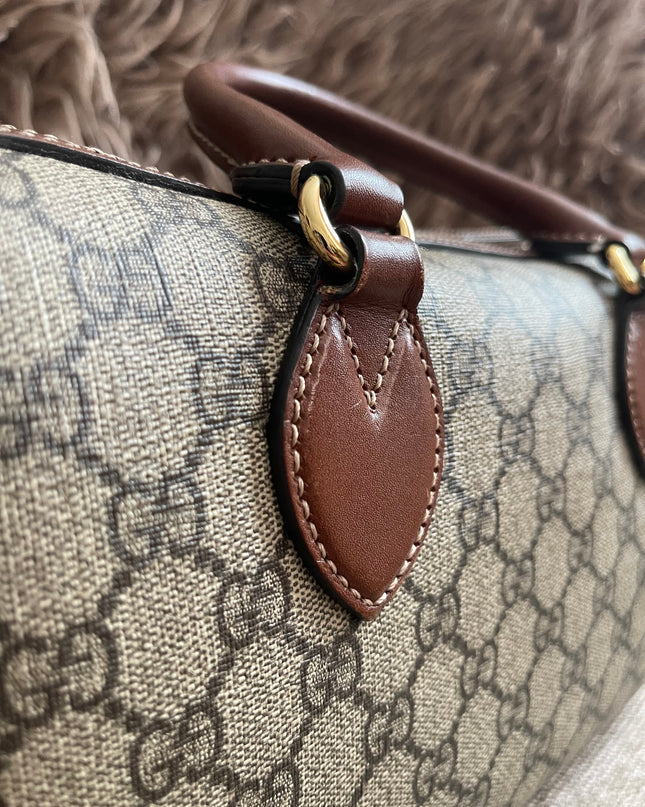 Peloved Authentic Gucci GG Supreme Duffle/Boston Mini – Tan Leather Trim with Strap