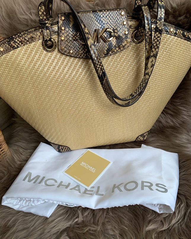 Michael Kors Extra Large Izzy Tote Bag in Woven Straw & Phyton Embossed Leather