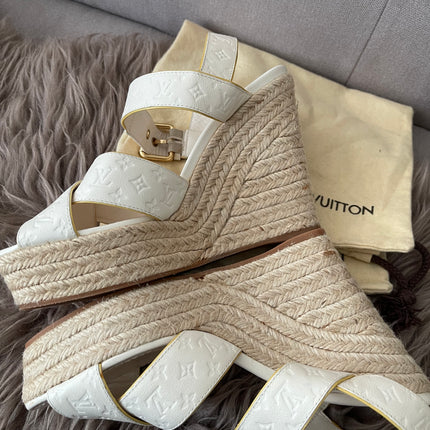 Preloved Authentic Louis Vuitton White Monogram Wedge Sandals in 36.5