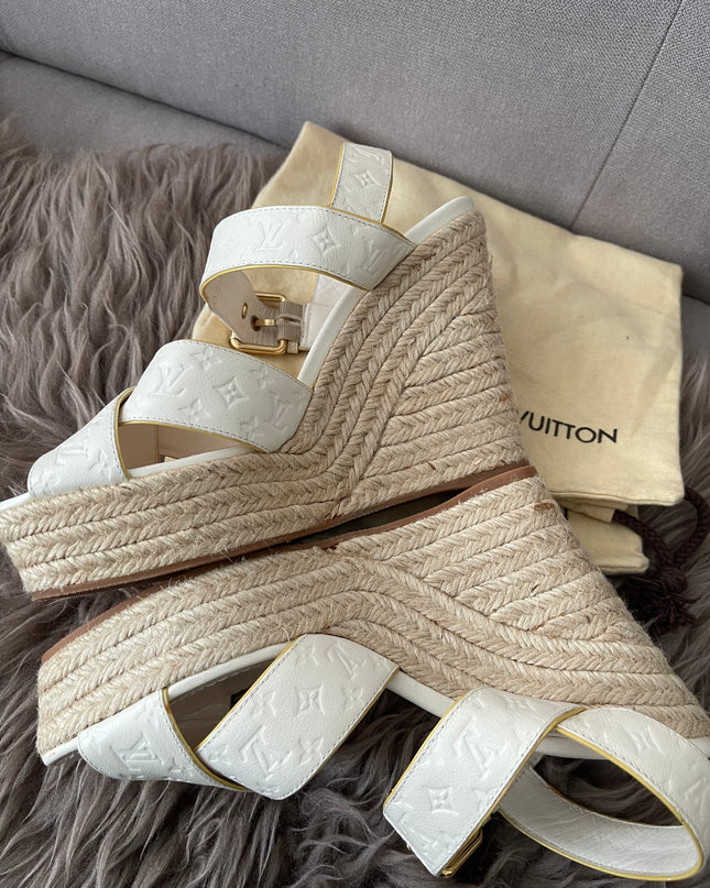 Preloved Authentic Louis Vuitton White Monogram Wedge Sandals in 36.5