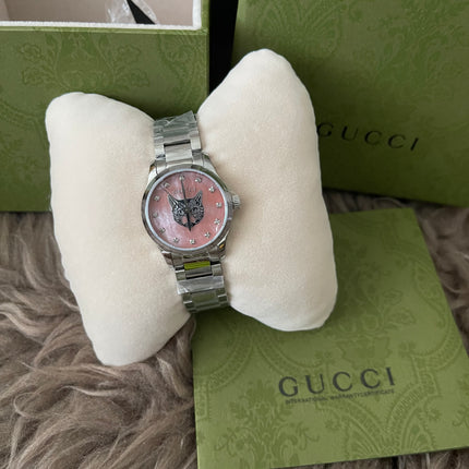 Preloved Authentic Gucci G-Timeless Mystic Cat (Feline Head) – Pink Mother-of-Pearl Dial
