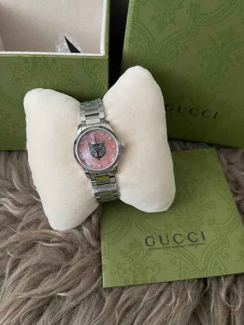 Preloved Authentic Gucci G-Timeless pink mother-of-pearl dial and silver-toned Mystic Cat (Feline Head)