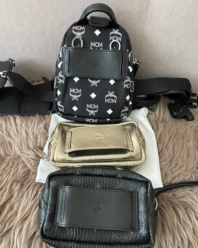 Preloved Authentic MCM Trey Mixed Media Triple-Pouch Convertible Sling