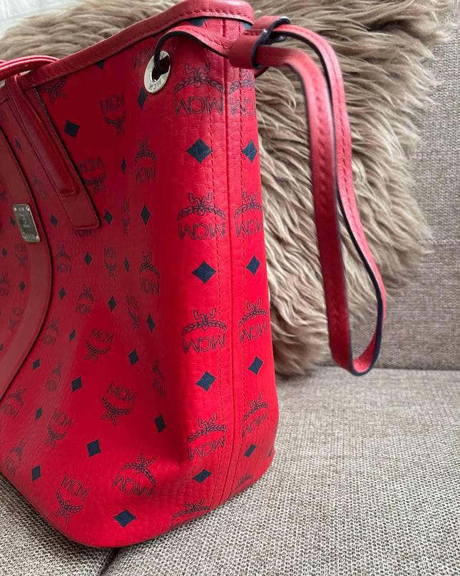 Preloved Authentic MCM Visetos Reversible Liz Shopper Tote – Ruby Red