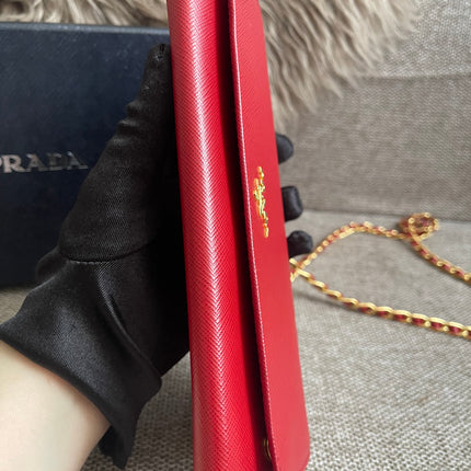 Preloved Authentic Prada Saffiano Metal Wallet on Chain in Fuoco Red