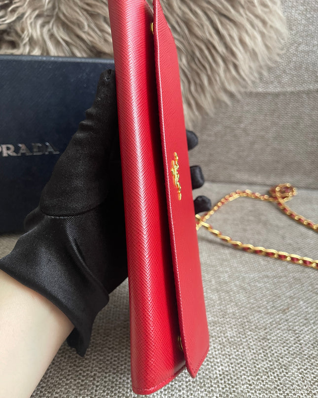 Preloved Authentic Prada Saffiano Metal Wallet on Chain in Fuoco Red