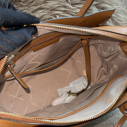 Preloved Authentic Michael Kors Mercer Tote Satchel – Vanilla Monogram Canvas with Brown Leather Trim