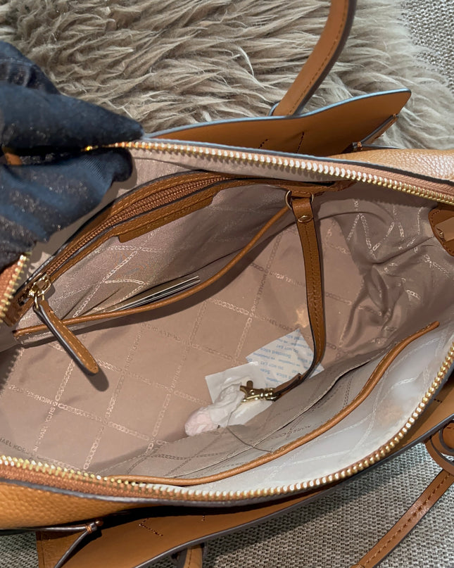 Preloved Authentic Michael Kors Mercer Tote Satchel – Vanilla Monogram Canvas with Brown Leather Trim