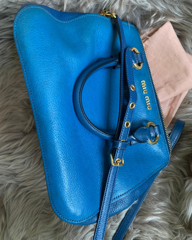 Miu Miu Two Tone Blue Madras Leather Doctor Satchel