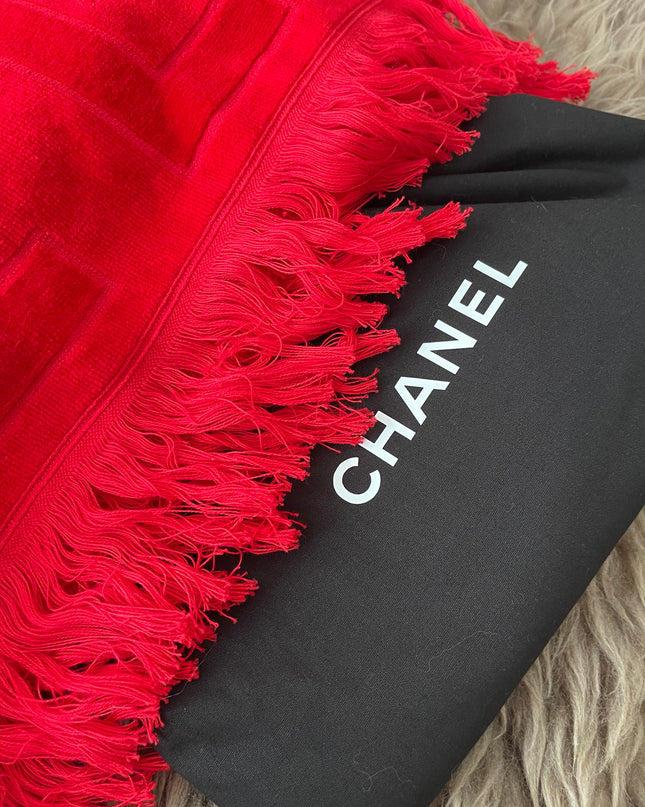 Preloved Authentic Chanel Red Terry Cloth Beach Bag and Towel Set