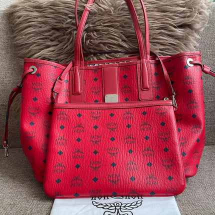 Preloved Authentic MCM Visetos Reversible Liz Shopper Tote – Ruby Red