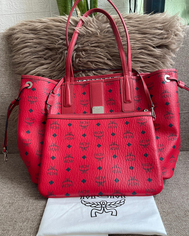 Preloved Authentic MCM Visetos Reversible Liz Shopper Tote – Ruby Red