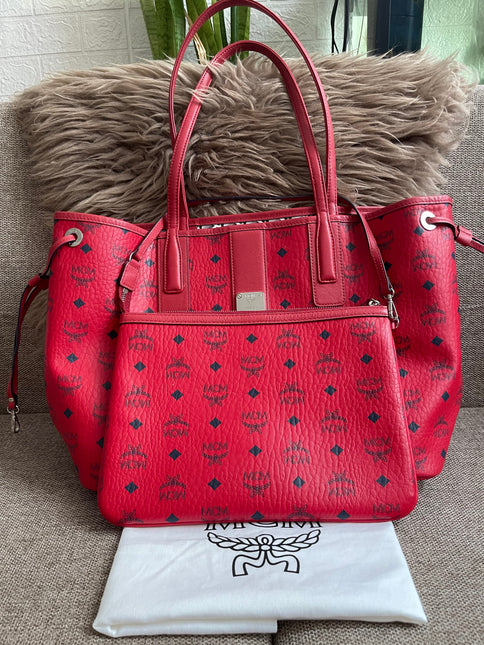 Preloved Authentic MCM Visetos Reversible Liz Shopper Tote – Ruby Red