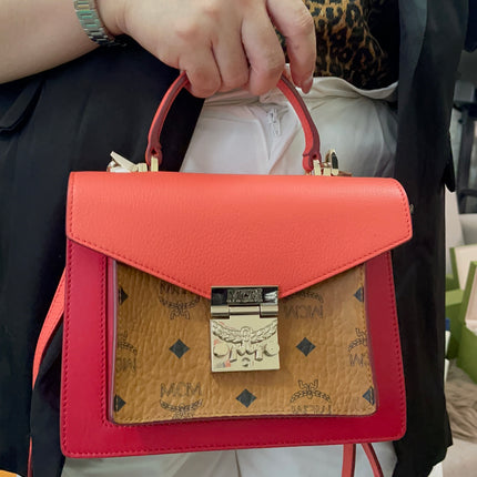 Preloved Authentic MCM Patricia Top Handle Bag – Fiesta Red with Cognac Visetos Panel