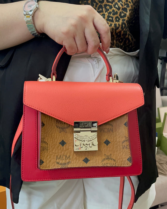 Preloved Authentic MCM Patricia Top Handle Bag – Fiesta Red with Cognac Visetos Panel