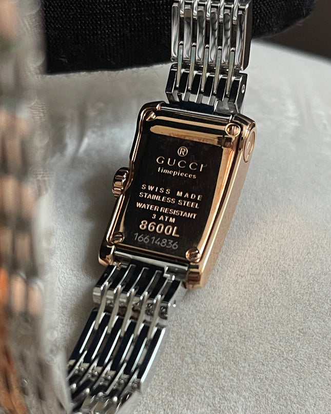 Preloved Authentic Gucci 8600L Ladies Watch — Two-Tone Rose Gold & Silver GG Dial