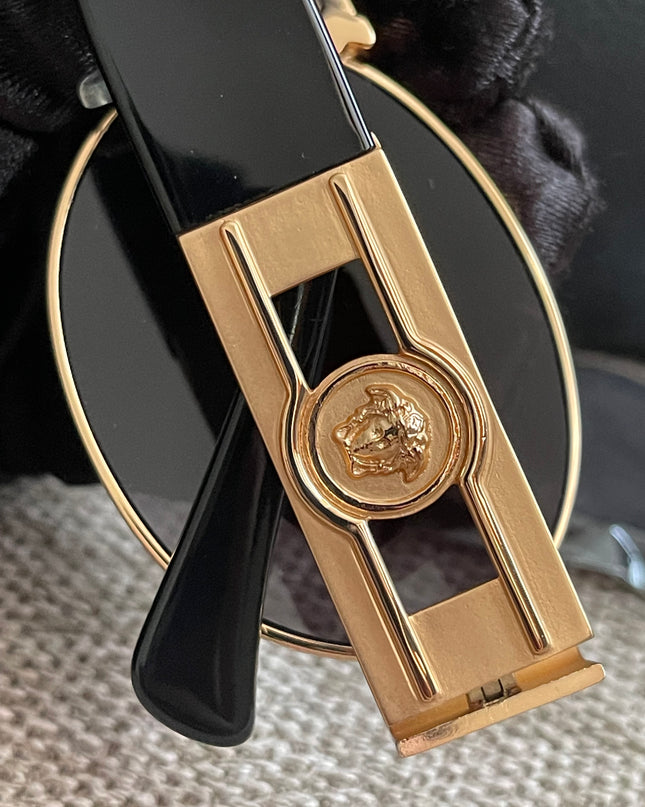 Preloved Authentic Versace Biggie Oval Sunglasses – Black & Gold Medusa, VE2176
