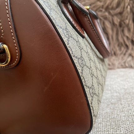 Peloved Authentic Gucci GG Supreme Duffle/Boston Mini – Tan Leather Trim with Strap