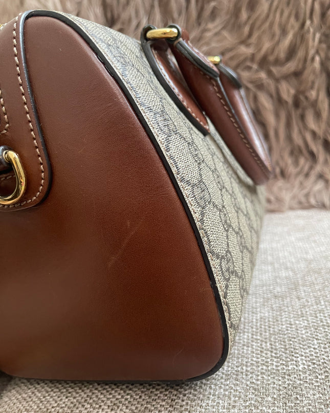 Peloved Authentic Gucci GG Supreme Duffle/Boston Mini – Tan Leather Trim with Strap